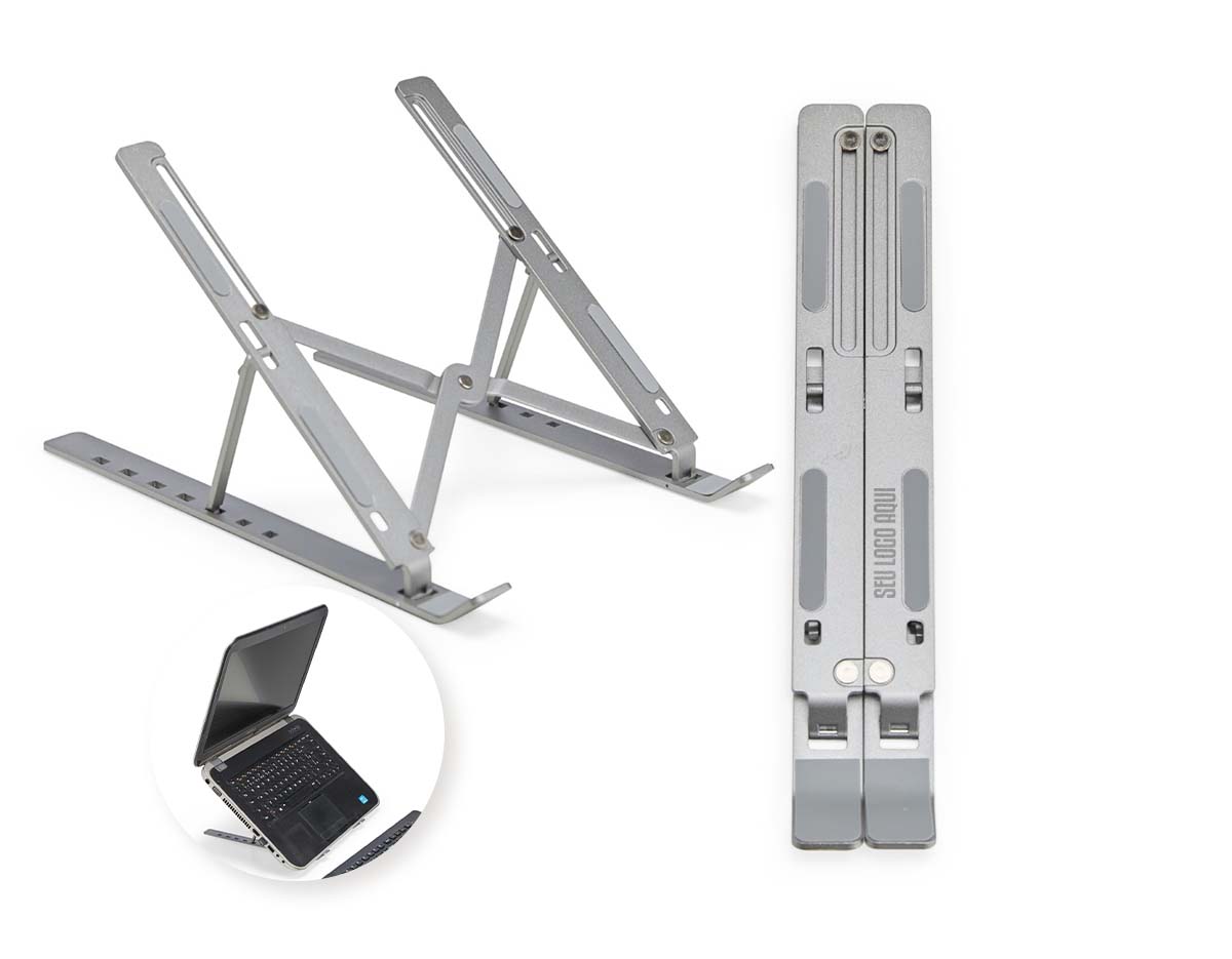 Um suporte retrátil que é uma opção prática para acomodar notebooks de forma apropriada em qualquer ambiente, seja para estudos, trabalho ou apresentações. Feito em metal resistente, apresenta até sete níveis de ajuste para oferecer ergonomia e elegância para apoiar notebooks de até 15,6 polegadas. Além disso, também conta com tiras de silicone distribuídas por sua lateral para ajudar a manter o aparelho mais firme e, além disso, o formato do suporte contém um design aberto para facilitar a dissipação de calor do eletrônico sobre ele.