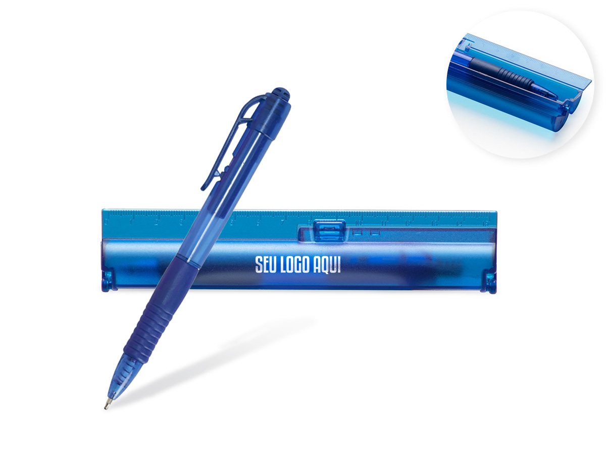 Um kit de estojo e caneta sob medida para se encaixar em qualquer rotina de trabalho ou estudos. O estojo de fácil abertura contém uma régua de 15 cm integrada à sua parte externa, ideal para tirar medidas no dia a dia. A caneta possui carga esferográfica azul de 1,0 mm e acionamento por clique, além de contar com grip emborrachado para deixar a escrita mais suave e precisa.