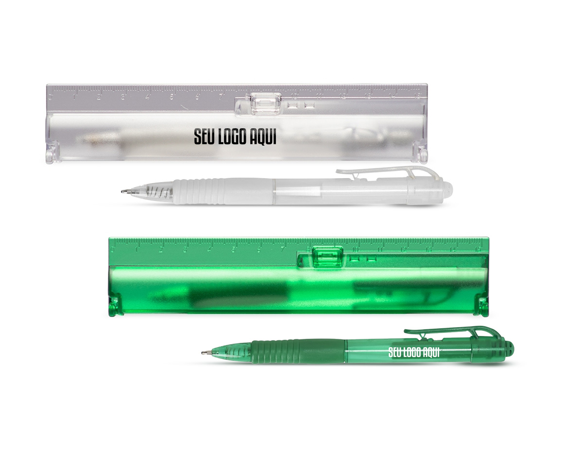 Um kit de estojo e caneta sob medida para se encaixar em qualquer rotina de trabalho ou estudos. O estojo de fácil abertura contém uma régua de 15 cm integrada à sua parte externa, ideal para tirar medidas no dia a dia. A caneta possui carga esferográfica azul de 1,0 mm e acionamento por clique, além de contar com grip emborrachado para deixar a escrita mais suave e precisa.