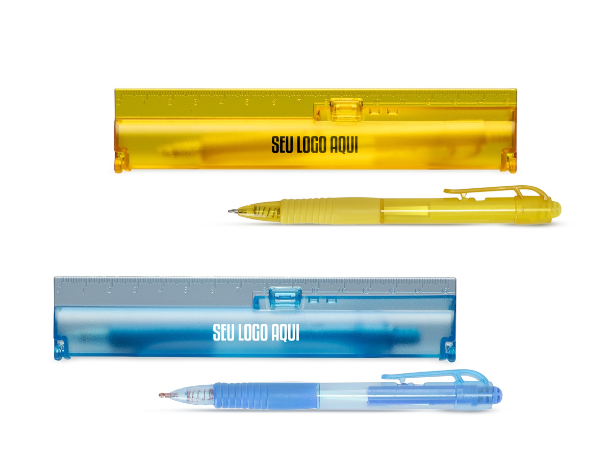 Um kit de estojo e caneta sob medida para se encaixar em qualquer rotina de trabalho ou estudos. O estojo de fácil abertura contém uma régua de 15 cm integrada à sua parte externa, ideal para tirar medidas no dia a dia. A caneta possui carga esferográfica azul de 1,0 mm e acionamento por clique, além de contar com grip emborrachado para deixar a escrita mais suave e precisa.