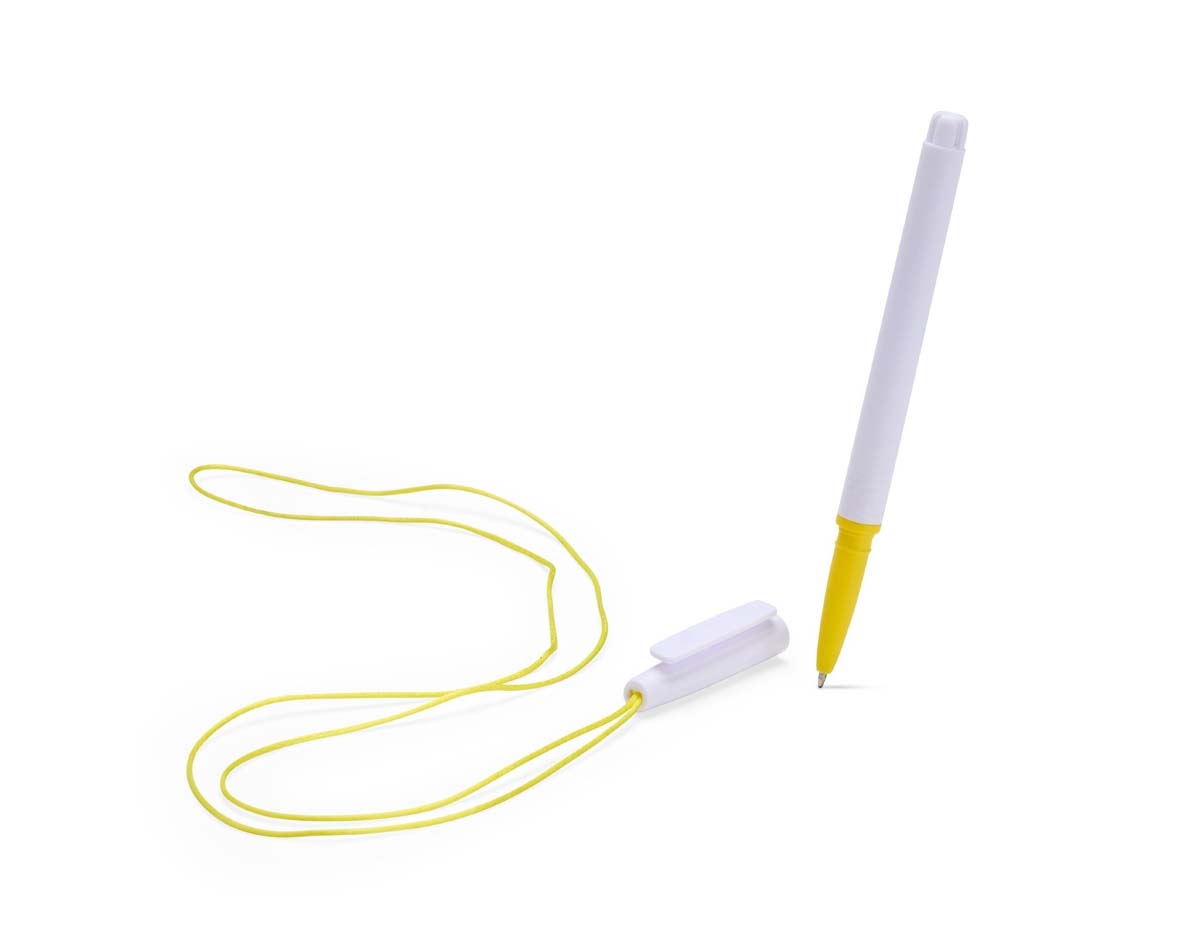 Caneta esferográfica de uso diário, feita totalmente em plástico. Possui carga azul de 1,0 mm, que garante escrita precisa e pegada firme. A tampa vem com cordão de cerca de 42 cm, permitindo fixação prática em mesas ou balcões.