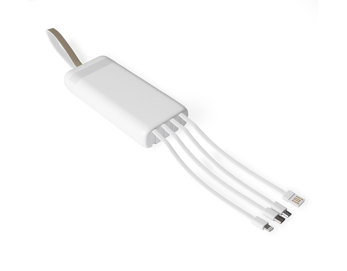 Carregador portátil em plástico com capacidade de 20.000mAh. Possui quatro cabos integrados com saídas Lightning, USB-C, Micro-USB e USB, duas entradas (USB-A e USB-C), painel de LED numérico, lanterna frontal e alça em couro sintético. Acompanha cabo USB-C para recarga.