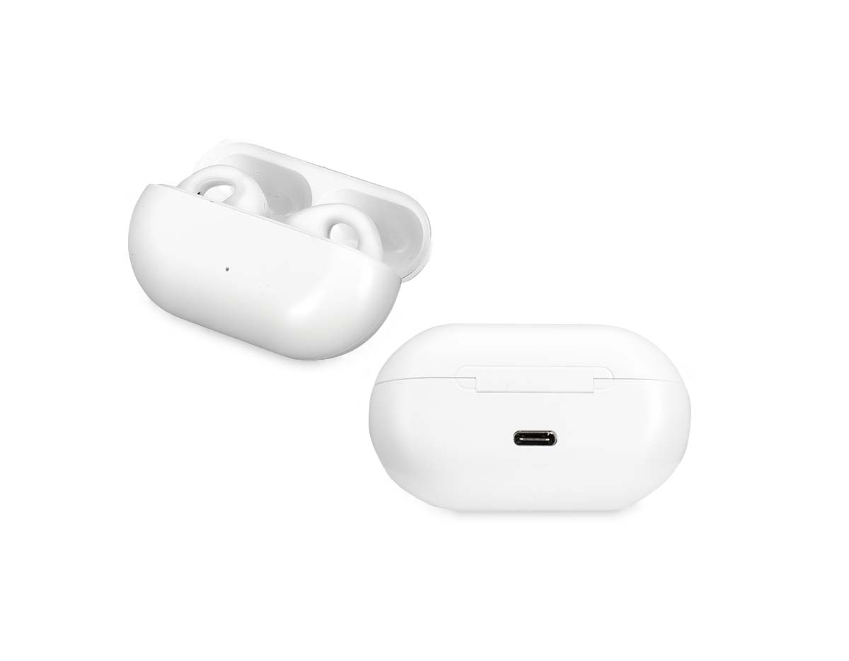 Fones de ouvido sem fio com estrutura leve e confortável feita em plástico. Seu formato ear cuff, semelhante a um par de brincos, permite o encaixe ao redor das orelhas sem entrar em contato com o canal auditivo, ideal para uso prolongado. Sua conexão via Bluetooth 5.3 oferece estabilidade de áudio com menor consumo de energia. Cada fone apresenta um botão multifunções, com comandos por toque para trocar músicas e controlar o volume. Acompanha cabo USB-C para carregamento.