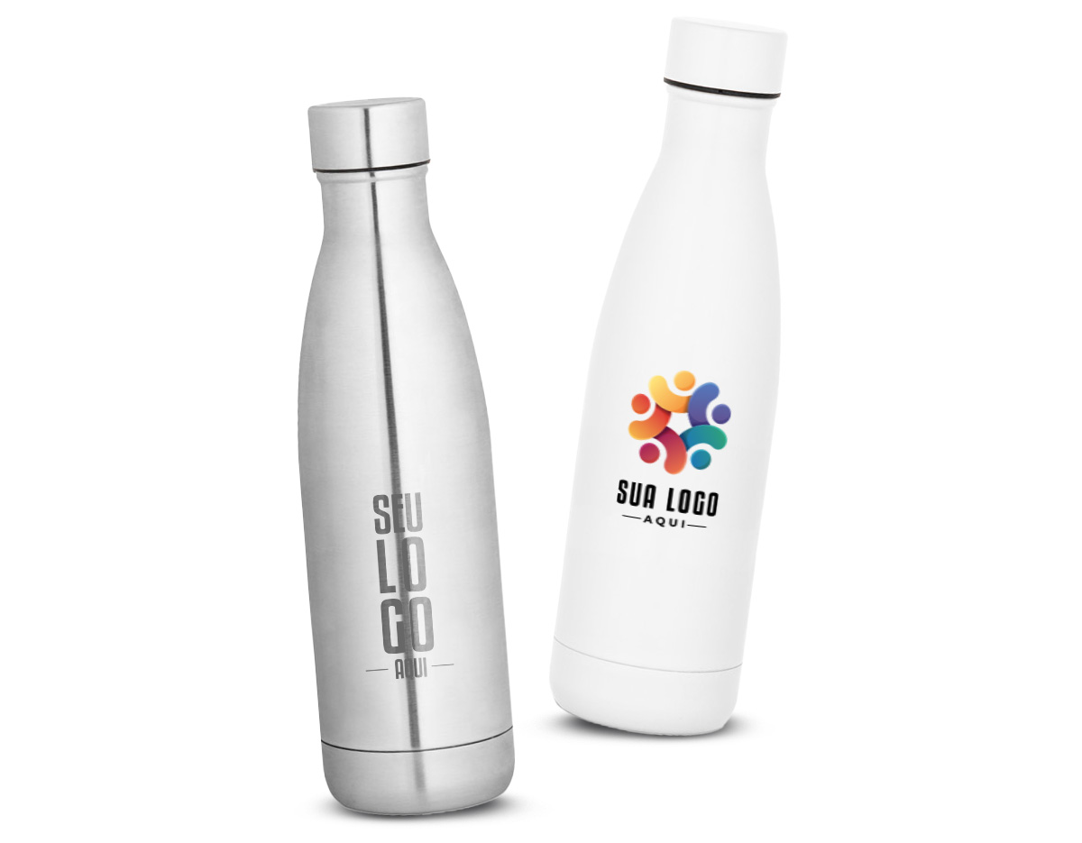 Garrafa térmica em aço inox 90% reciclado com parede dupla, isolada a vácuo e acabamento em mate. A tampa de rosca é à prova de vazamentos. Capacidade até 520 mL. Fornecido em caixa presente de papel kraft reciclado. Certificação EU Food Grade.