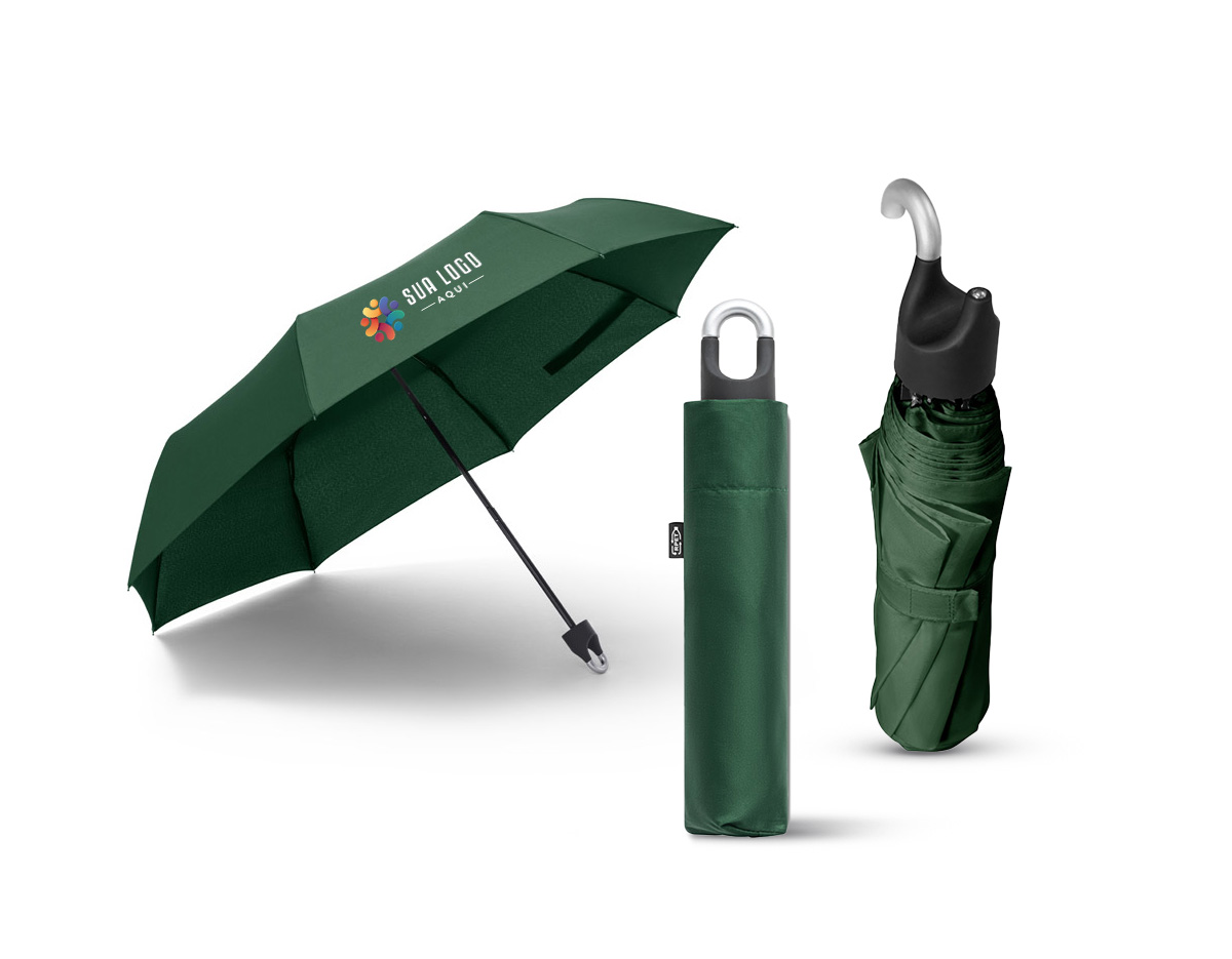 Guarda-chuva confeccionado em poliéster 100% reciclado (rPET) pongee 190T. Possui varetas em fibra de vidro, haste metálica e pega em ABS reciclado. Dobrável em 3 seções, conta com abertura manual e design à prova de vento. Combinando praticidade, resistência e sustentabilidade.