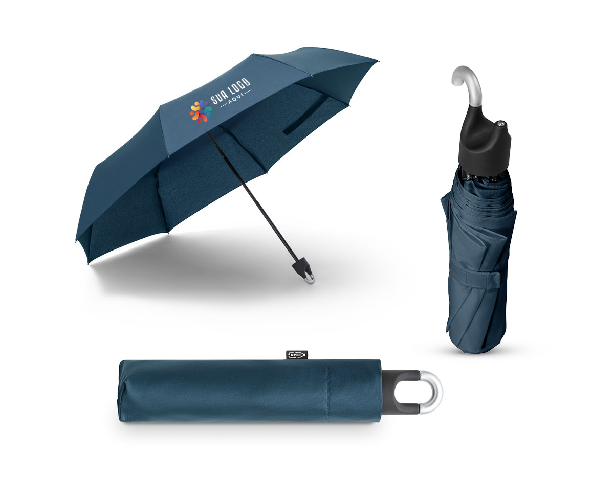 Guarda-chuva confeccionado em poliéster 100% reciclado (rPET) pongee 190T. Possui varetas em fibra de vidro, haste metálica e pega em ABS reciclado. Dobrável em 3 seções, conta com abertura manual e design à prova de vento. Combinando praticidade, resistência e sustentabilidade.
