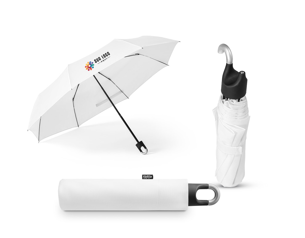 Guarda-chuva confeccionado em poliéster 100% reciclado (rPET) pongee 190T. Possui varetas em fibra de vidro, haste metálica e pega em ABS reciclado. Dobrável em 3 seções, conta com abertura manual e design à prova de vento. Combinando praticidade, resistência e sustentabilidade.