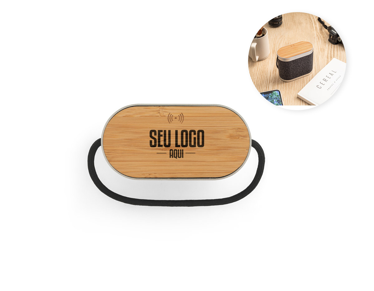 Caixa de som em bambu e poliéster 100% reciclado, com som potente de 5W e autonomia de 2h. Possui carregador wireless super-rápido de 15W no topo, ideal para quem busca praticidade e sustentabilidade. Conexão BT 5.3, compatível com smartphones com carregamento sem fio. Acompanha cabo USB-C. Um brinde moderno, útil e com apelo ecológico.