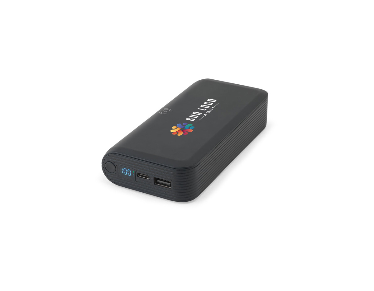 Bateria portátil com carregador wireless em ABS 100% reciclado, com capacidade de 20.000 mAh e tela indicador de nível de carga. A power bank tem uma porta de entrada/saída USB-C e uma porta de saída USB, ambas de carregamento rápido PD 20W. O carregador wireless tem uma potência máxima de 15W. Incluso um cabo de carregamento com saída dupla USB-A/USB-C. Compatível com dispositivos móveis com tecnologia de carregamento sem fios.