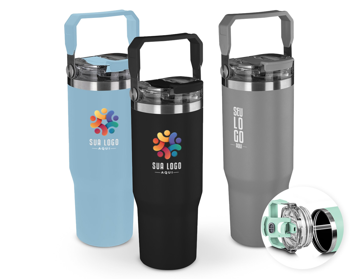 Garrafa térmica de aço inox com parede dupla e capacidade de até 900ml. Possui tampa rosqueável com alça plástica para transporte e anel de silicone para vedação segura. Conta com duas opções de uso: hidratação por canudo ou bico, garantindo praticidade e conforto. Ideal para manter suas bebidas na temperatura ideal com estilo.