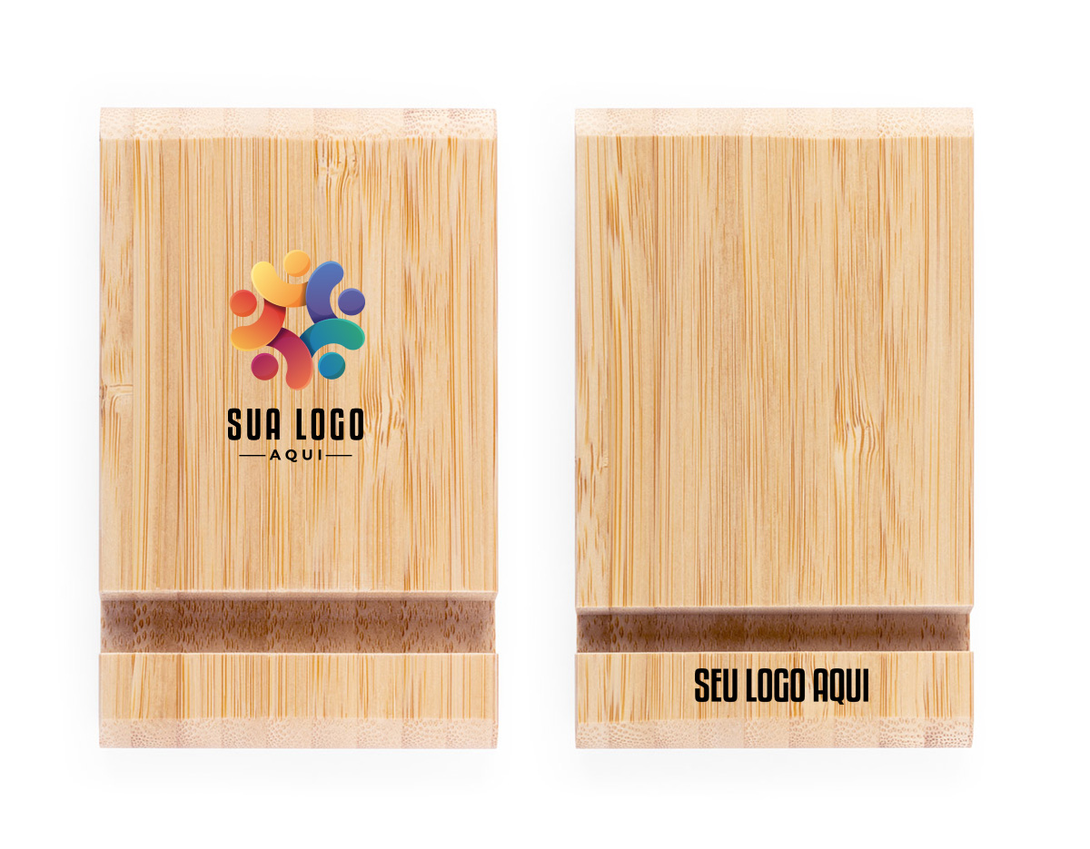 Suporte para celular em bambu com duas canaletas de tamanhos distintos, uma de cada lado, oferecendo diferentes ângulos de visualização. Design natural e funcional, perfeito como brinde corporativo sustentável para uso no escritório ou em home office.