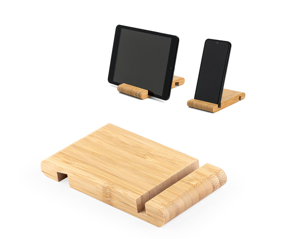 Suporte para celular em bambu com duas canaletas de tamanhos distintos, uma de cada lado, oferecendo diferentes ângulos de visualização. Design natural e funcional, perfeito como brinde corporativo sustentável para uso no escritório ou em home office.