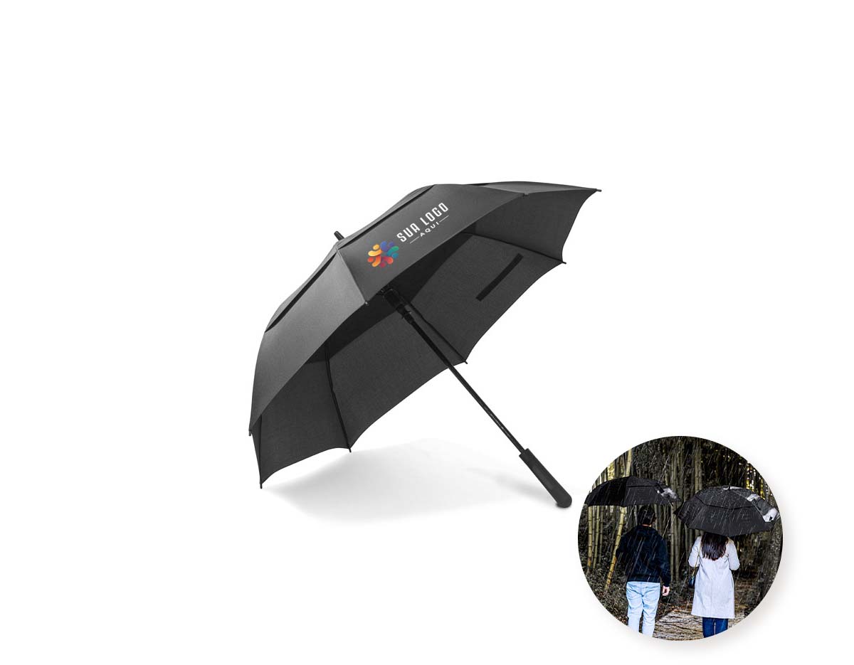Guarda-chuva 27.5" em poliéster reciclado rPET 190T, com pega em ABS 35% reciclado. Estrutura em fibra de vidro, com abertura automática e sistema à prova de vento. Brinde corporativo sofisticado e sustentável, ideal para destacar sua marca com responsabilidade.