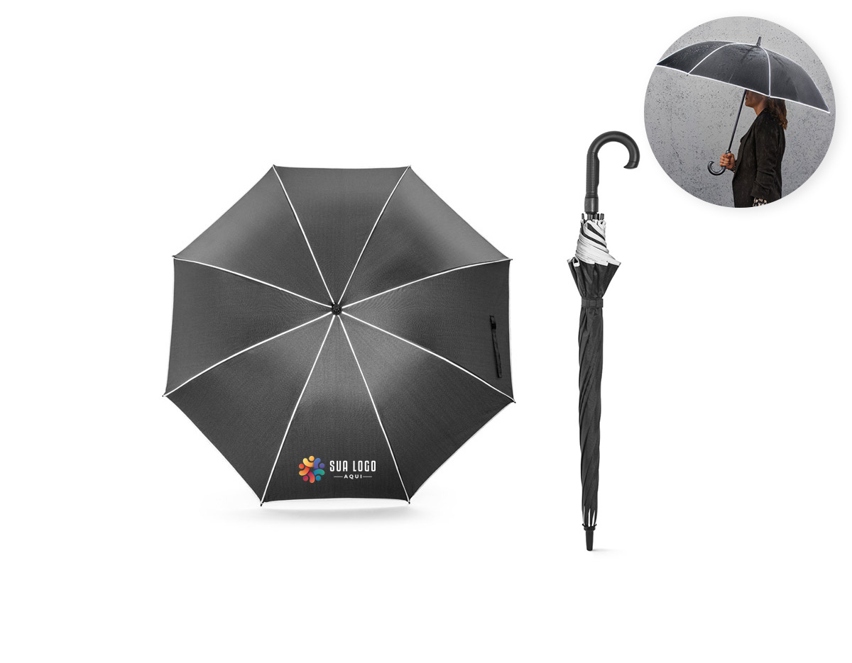 Guarda-chuva 27 em poliéster reciclado (rPET) 190T, com varetas e haste em fibra de vidro. Abertura automática, resistente ao vento e com detalhes refletivos que garantem segurança. Brinde corporativo elegante, durável e alinhado à sustentabilidade.