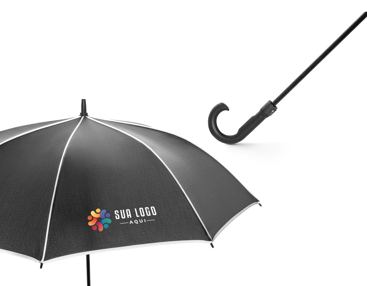 Guarda-chuva 27 em poliéster reciclado (rPET) 190T, com varetas e haste em fibra de vidro. Abertura automática, resistente ao vento e com detalhes refletivos que garantem segurança. Brinde corporativo elegante, durável e alinhado à sustentabilidade.