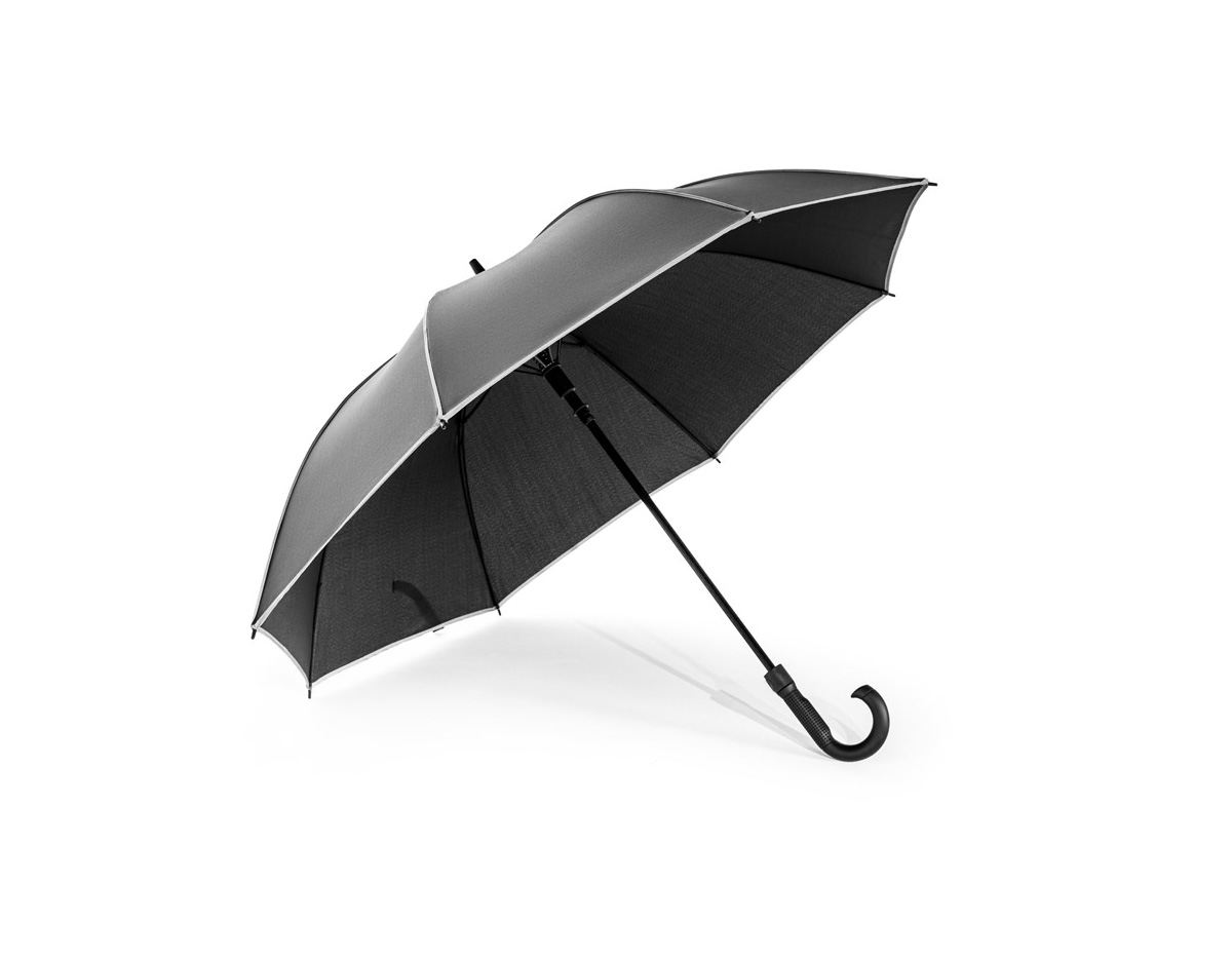 Guarda-chuva 27 em poliéster reciclado (rPET) 190T, com varetas e haste em fibra de vidro. Abertura automática, resistente ao vento e com detalhes refletivos que garantem segurança. Brinde corporativo elegante, durável e alinhado à sustentabilidade.