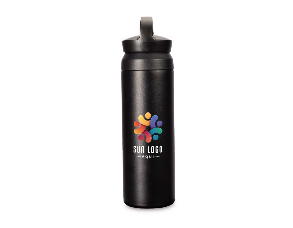 Garrafa térmica com capacidade de até 500ml. Conta com estrutura de parede dupla e isolamento a vácuo, o que permite a conservação da temperatura de bebidas por mais tempo. Possui tampa plástica rosqueável com alça para transporte e abertura em duas camadas.
