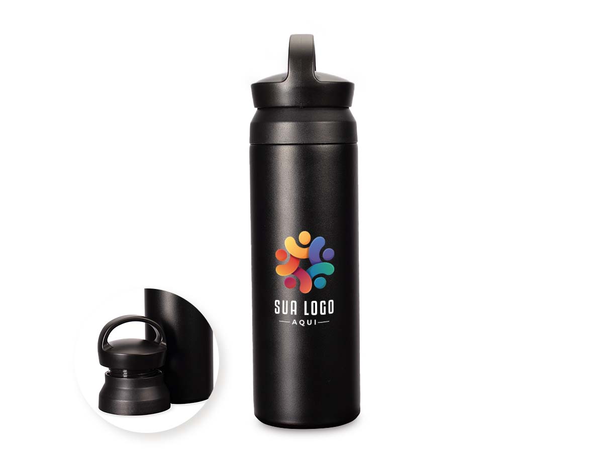 Garrafa térmica com capacidade de até 500ml. Conta com estrutura de parede dupla e isolamento a vácuo, o que permite a conservação da temperatura de bebidas por mais tempo. Possui tampa plástica rosqueável com alça para transporte e abertura em duas camadas.