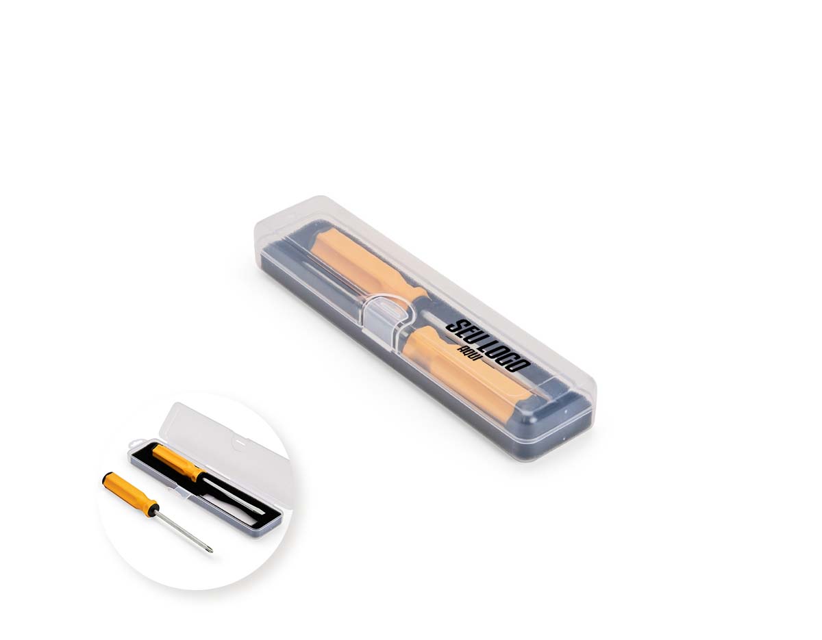 Kit de ferramentas com duas chaves: uma chave de fenda e outra Phillips, ambas com cabo emborrachado ergonômico e ponta metálica. Acompanha estojo plástico com espuma removível para acomodar as ferramentas.