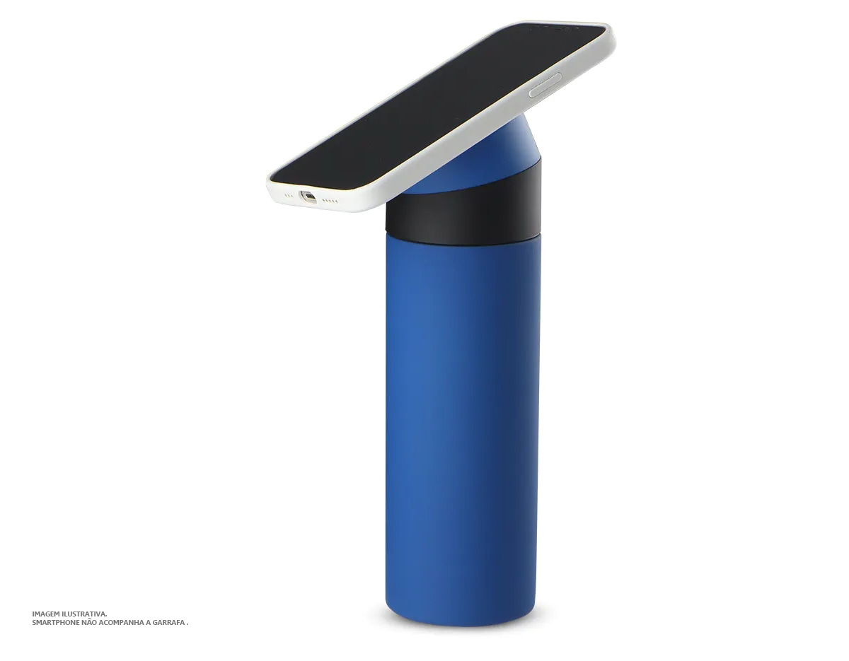 Garrafa térmica de 400 ml em aço inox com parede dupla, que mantém a temperatura das bebidas por mais tempo. Possui tampa rosqueável com apoio para celular, unindo praticidade e design moderno, ideal como brinde corporativo que valoriza a utilidade e o estilo no dia a dia.
