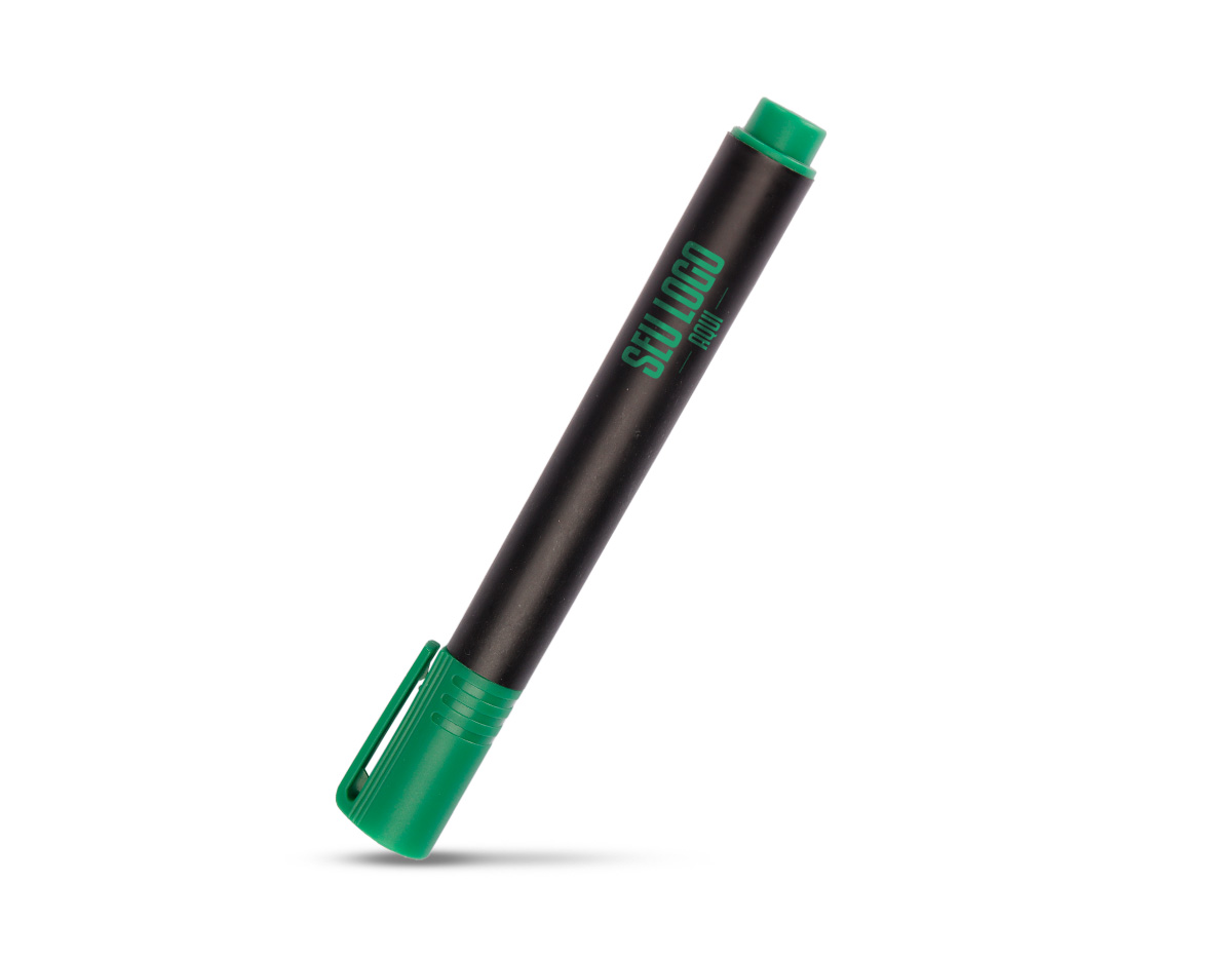 Caneta marcadora plástica com ponta em formato de pincel. Possui tinta atóxica à base de óleo com solvente alcoólico.