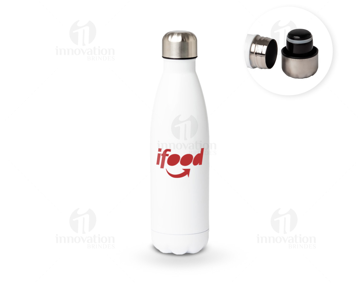Garrafa térmica feita em inox 304, com capacidade de 500ml. O seu acabamento em um tom brilhante se sobressai entre outros acessórios e itens de uso diário.