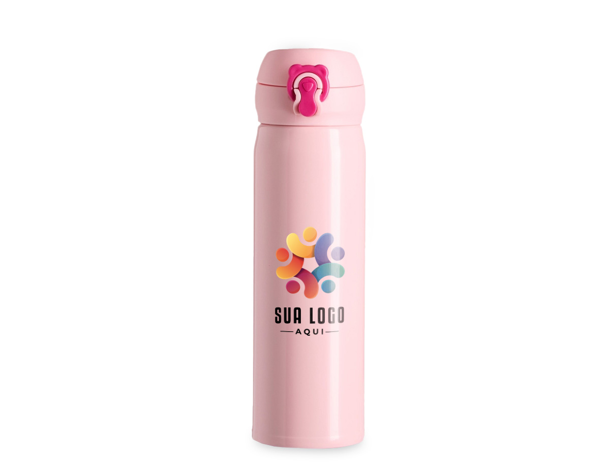 Garrafa térmica em inox com capacidade máxima de 450ml. Possui estrutura de parede dupla e isolamento a vácuo, o que permite a conservação da temperatura de líquidos por mais tempo. Conta com tampa rosqueável em plástico com trava de segurança e botão de acionamento para abertura da proteção superior.