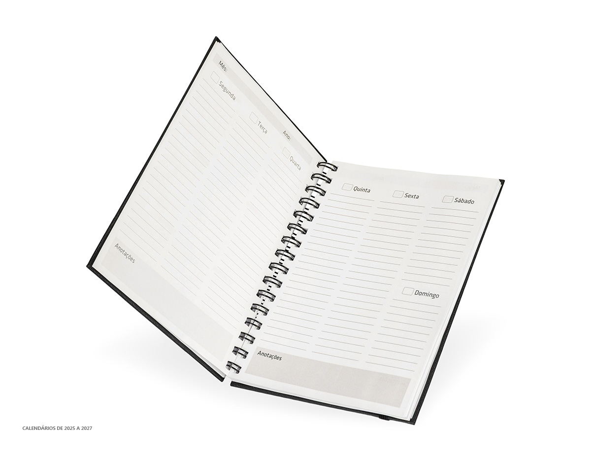 Planner com capa dura em cromato, marca-páginas em fita de cetim e elástico para fechamento. Apresenta páginas dedicadas a dados pessoais, calendários de 2025 a 2027 e espaços para anotações diárias e semanais durante todo o ano.