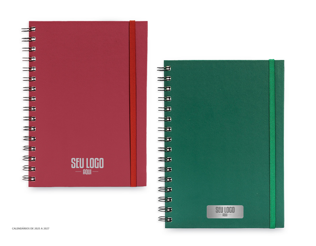 Planner com capa dura em cromato, marca-páginas em fita de cetim e elástico para fechamento. Apresenta páginas dedicadas a dados pessoais, calendários de 2025 a 2027 e espaços para anotações diárias e semanais durante todo o ano.