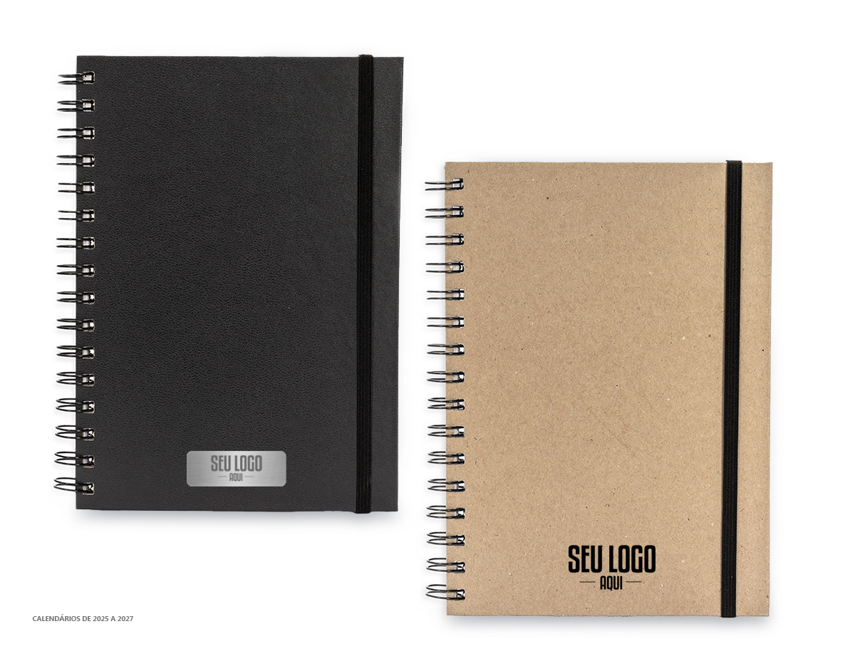 Planner com capa dura em cromato, marca-páginas em fita de cetim e elástico para fechamento. Apresenta páginas dedicadas a dados pessoais, calendários de 2025 a 2027 e espaços para anotações diárias e semanais durante todo o ano.
