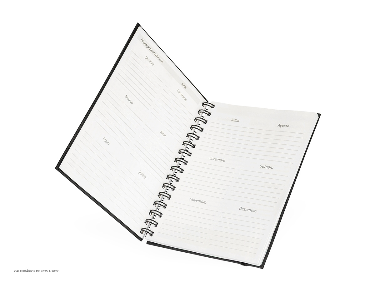 Planner com capa dura em cromato, marca-páginas em fita de cetim e elástico para fechamento. Apresenta páginas dedicadas a dados pessoais, calendários de 2025 a 2027 e espaços para anotações diárias e semanais durante todo o ano.
