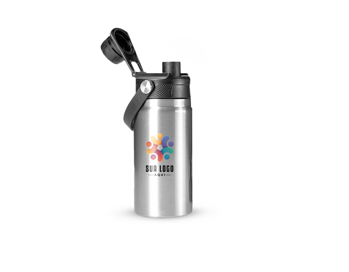 Garrafa térmica em inox com capacidade para até 400ml. Apresenta estrutura de parede dupla e vedação a vácuo, que mantém a temperatura de líquidos por mais tempo sem transferência para o exterior. Possui tampa plástica rosqueável com protetor de o bocal e alça fixa para transporte.