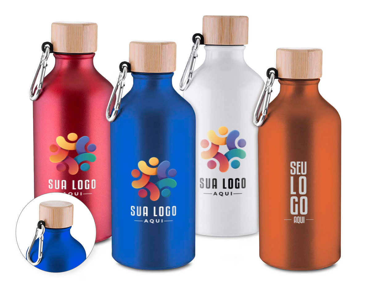 Garrafa de 550ml em alumínio reciclado com acabamento mate (exceto na cor branca), tampa rosqueável em bambu e mosquetão para transporte prático. Sustentável, elegante e funcional, é um brinde corporativo que alia estilo e consciência ambiental à sua marca.