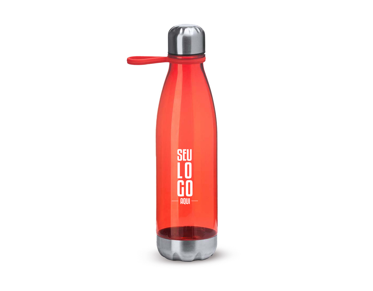 Garrafa plástica em RPET com capacidade de 700 ml, ideal para quem busca sustentabilidade e praticidade no dia a dia. Possui tampa rosqueável com anel de silicone que garante vedação segura, base em metal e alça flexível em silicone, facilitando o transporte. Um brinde corporativo moderno e ecológico que valoriza sua marca.