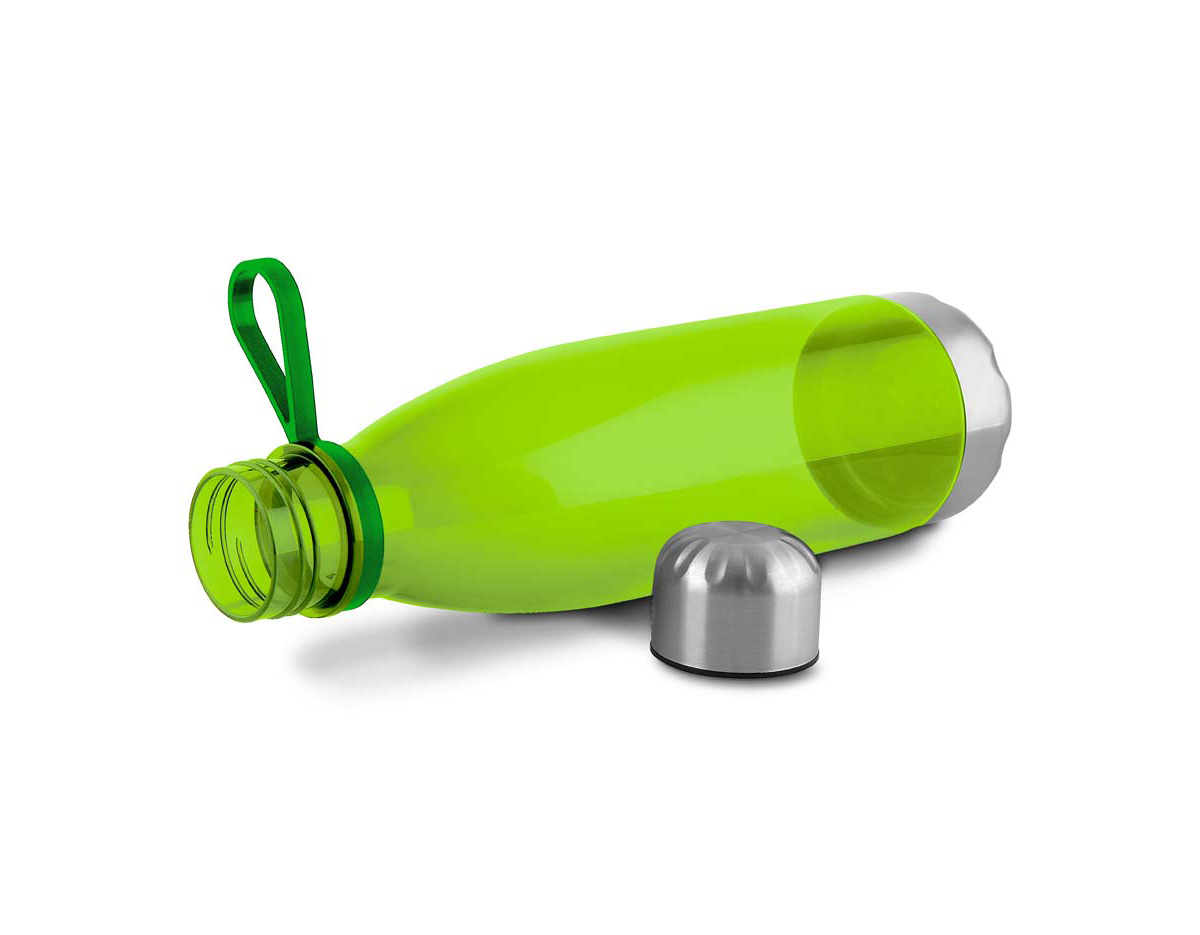 Garrafa plástica em RPET com capacidade de 700 ml, ideal para quem busca sustentabilidade e praticidade no dia a dia. Possui tampa rosqueável com anel de silicone que garante vedação segura, base em metal e alça flexível em silicone, facilitando o transporte. Um brinde corporativo moderno e ecológico que valoriza sua marca.