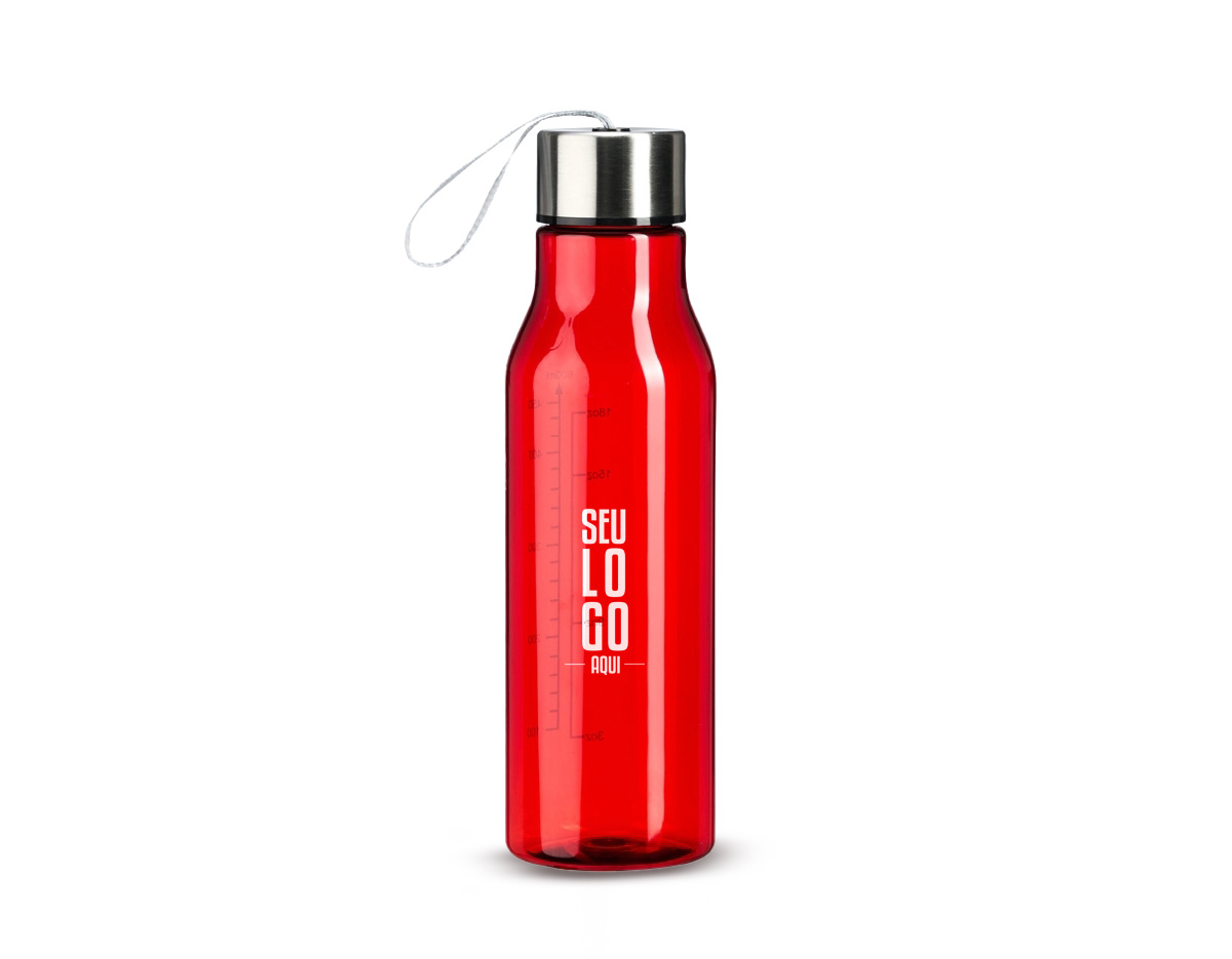 Garrafa plástica com capacidade máxima de 615ml e marcação de volume de 600ml. Possui tampa rosqueável em alumínio com alça de nylon para transporte.