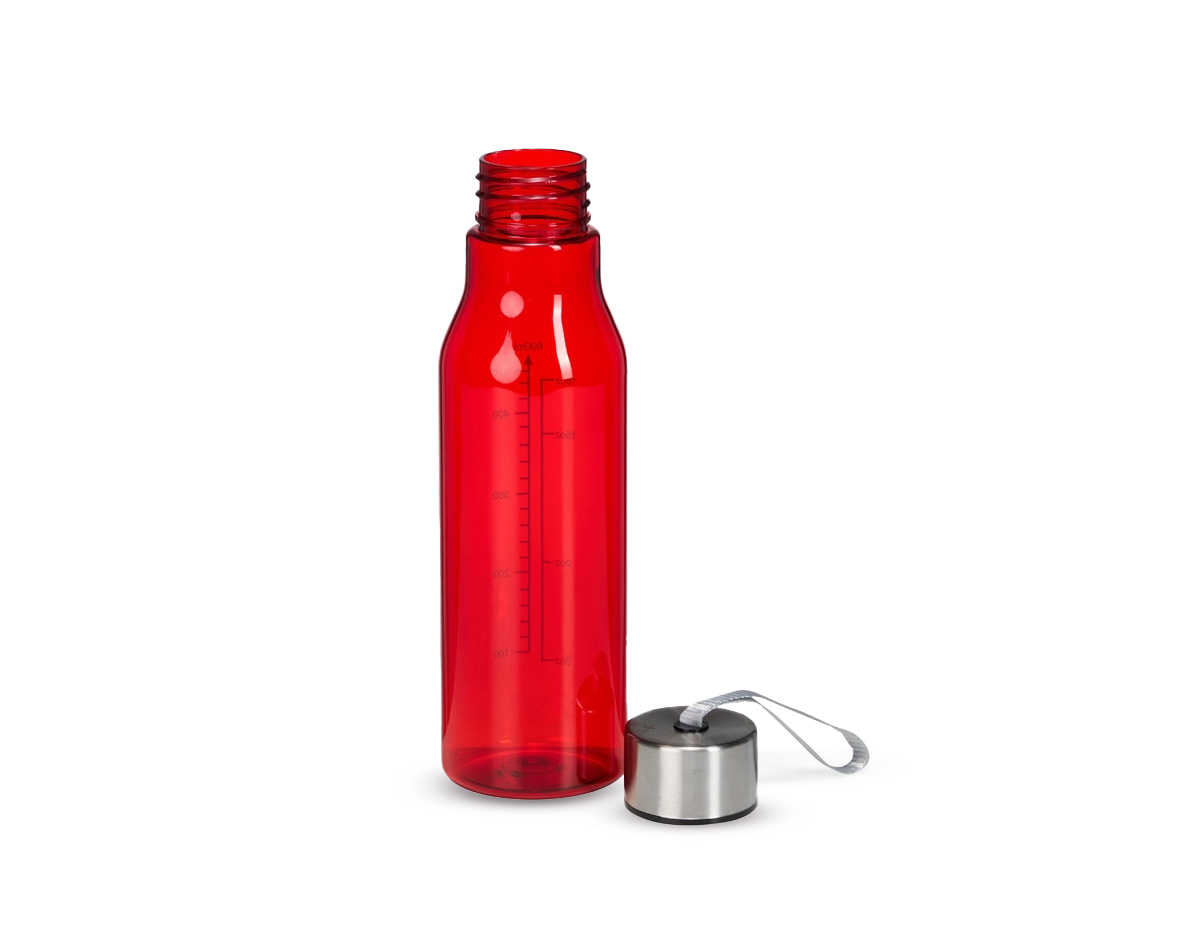 Garrafa plástica com capacidade máxima de 615ml e marcação de volume de 600ml. Possui tampa rosqueável em alumínio com alça de nylon para transporte.