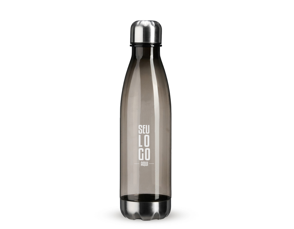 Garrafa plástica translúcida com capacidade de 750 ml e marcação de volume até 700 ml, ideal para acompanhar a rotina com praticidade. Possui base e tampa rosqueável em alumínio, que adicionam resistência e um toque moderno. Um brinde corporativo funcional e de grande apelo visual.
