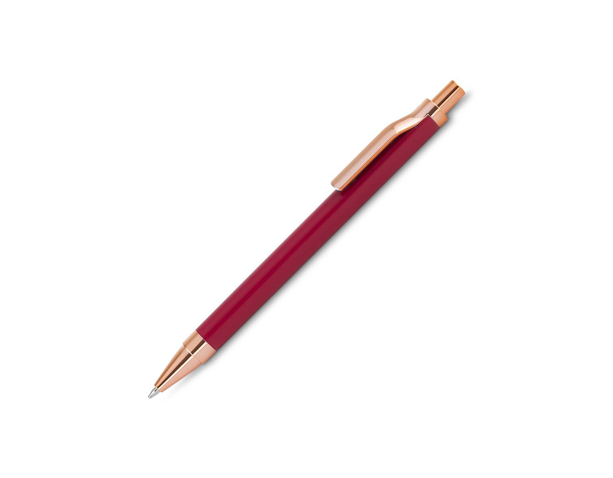 Caneta esferográfica sofisticada, produzida com corpo em alumínio reciclado, unindo sustentabilidade e elegância. Possui acionador e clipe com acabamento rosé/bronze, que agregam um toque moderno e premium