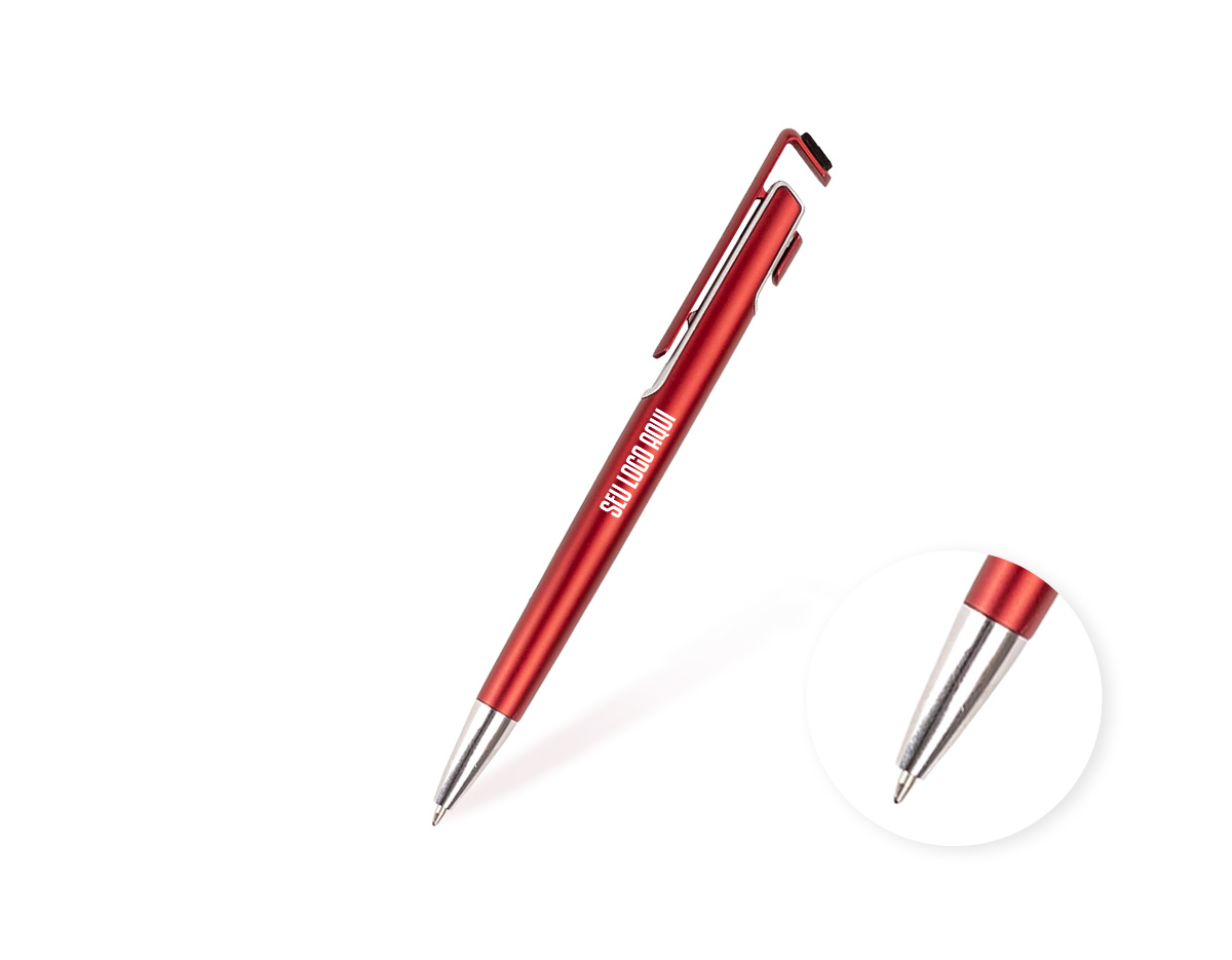Caneta plástica com ponta metálica, acionamento por clique e abertura que funciona como suporte de celular. Possui ponteira com revestimento em feltro para limpeza de telas e carga esferográfica azul de 1.0mm.