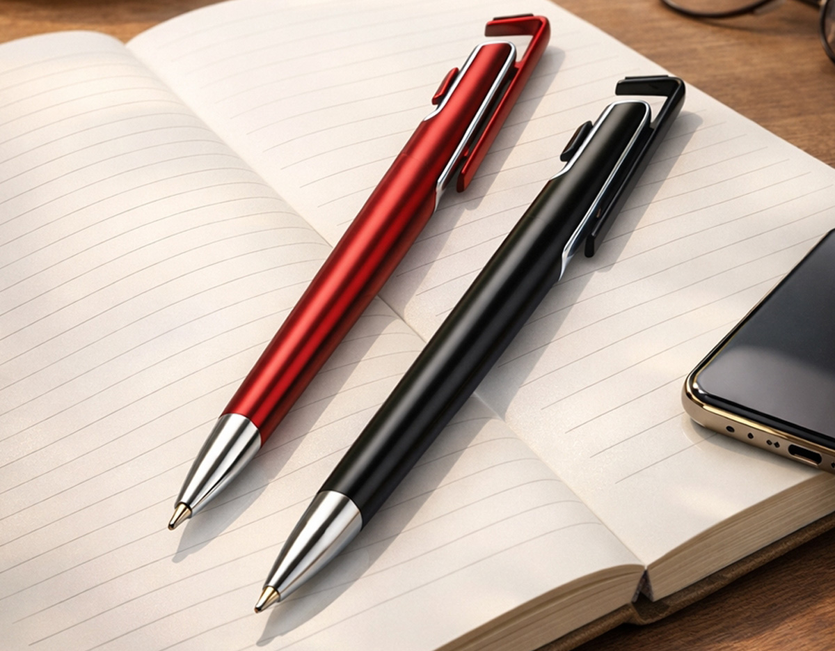 Caneta plástica com ponta metálica, acionamento por clique e abertura que funciona como suporte de celular. Possui ponteira com revestimento em feltro para limpeza de telas e carga esferográfica azul de 1.0mm.