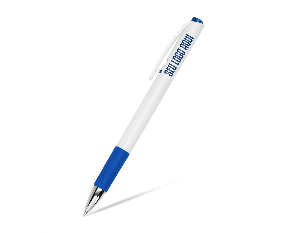 Caneta plástica com detalhe emborrachado que oferece conforto na escrita. Possui carga esferográfica azul e acionamento por clique, garantindo praticidade no uso diário. Um brinde corporativo funcional e moderno, ideal para destacar sua marca.