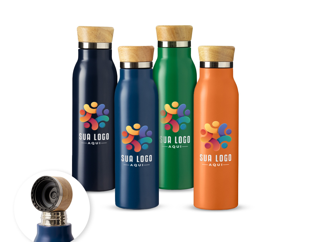 Garrafa térmica feita em inox com pintura em spray, tampa rosqueável em bambu e capacidade máxima de 600ml. Possui estrutura de parede dupla e isolamento a vácuo, permitindo manter a temperatura de líquidos por mais tempo.