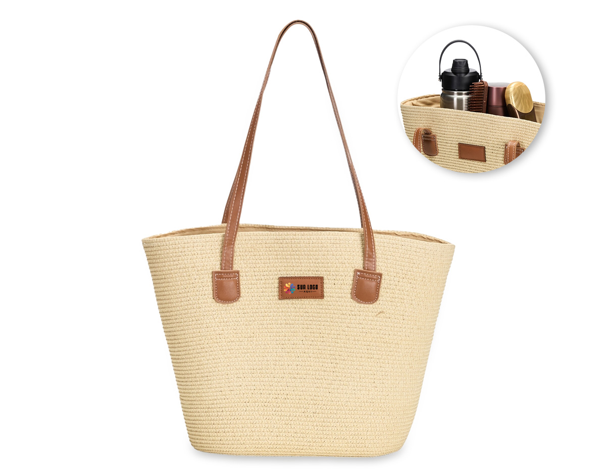 Bolsa confeccionada em fibra biodegradável de celulose, costurada com linha de nylon, unindo resistência e apelo sustentável. Possui fechamento em zíper e compartimento interno com bolso compacto para melhor organização. Conta ainda com alças e detalhes em couro sintético, incluindo plaquinha frontal costurada, que agregam sofisticação ao design. Um brinde corporativo moderno, ecológico e funcional, ideal para valorizar a marca com responsabilidade ambiental.