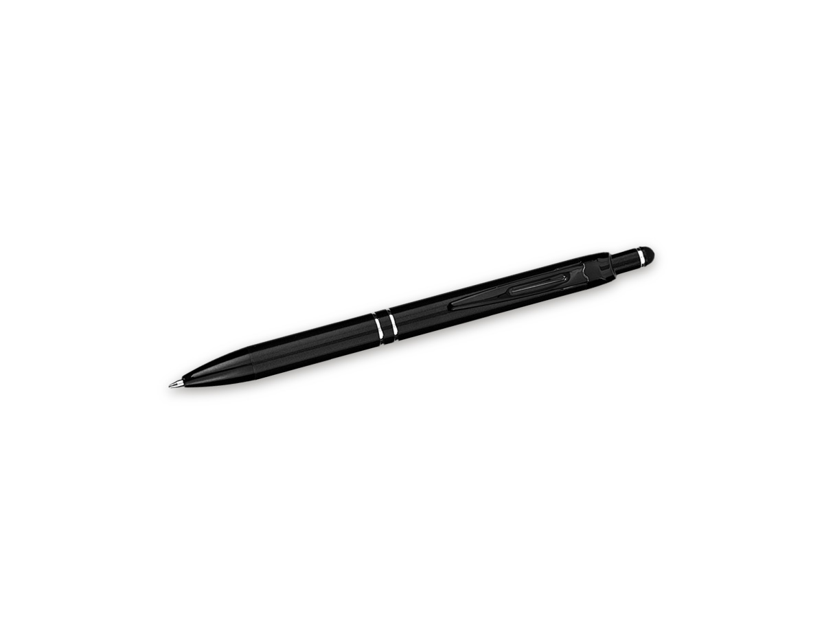 Caneta em metal com design moderno, possui clip e ponta em plástico, além de detalhe emborrachado no topo para interação com dispositivos de telas sensíveis ao toque. Conta com acionamento por clique e carga esferográfica azul de 1,0 mm, proporcionando escrita macia e precisa. Um brinde corporativo elegante, funcional e alinhado à rotina profissional.