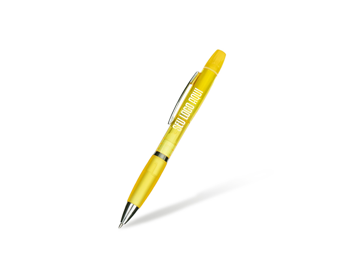 Caneta plástica multifuncional com marca-texto integrado, ideal para destacar e escrever no dia a dia. Possui detalhe emborrachado que proporciona maior conforto no uso, tampa protetora para o marca-texto, acionamento por clique e carga esferográfica azul de 1,0 mm. Um brinde corporativo prático, versátil e funcional para ambientes profissionais e educacionais.