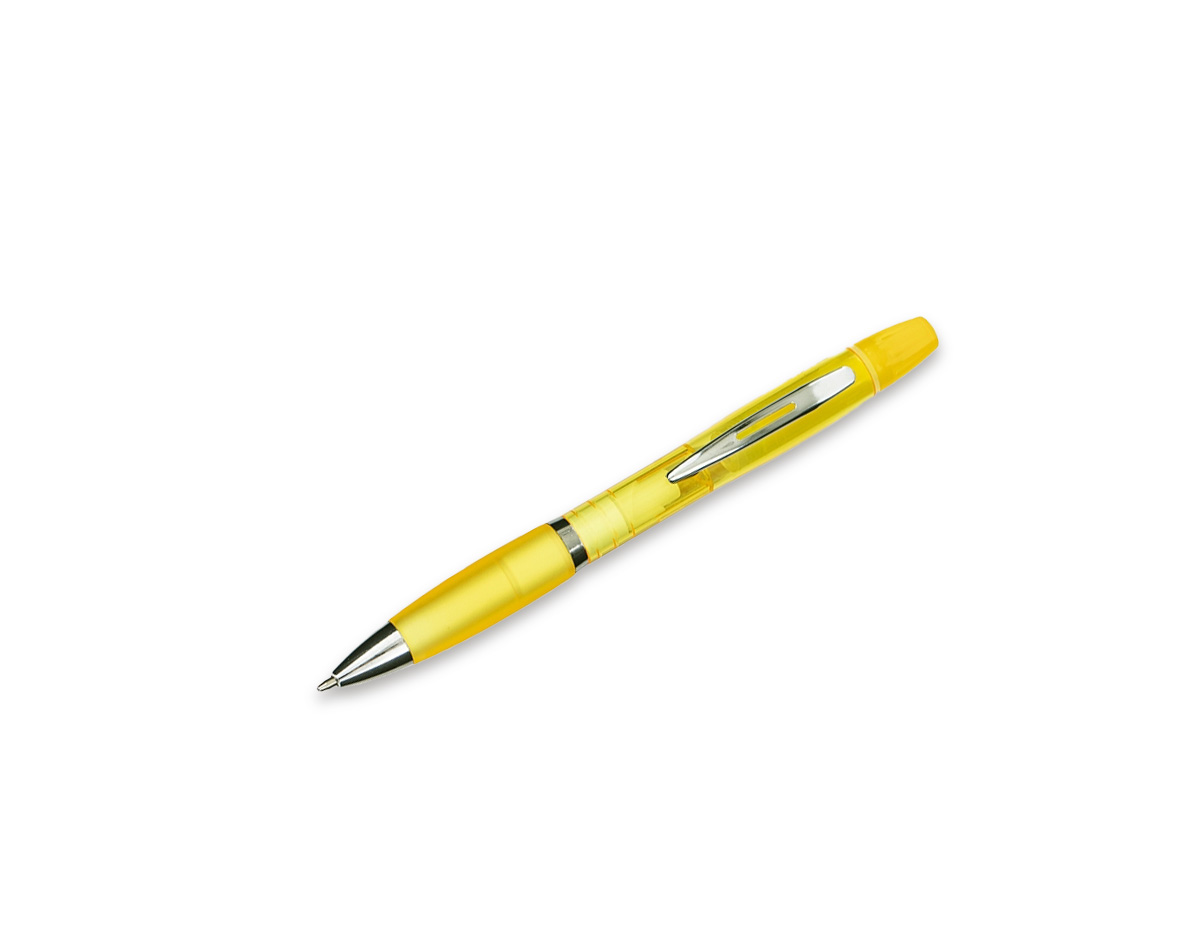 Caneta plástica multifuncional com marca-texto integrado, ideal para destacar e escrever no dia a dia. Possui detalhe emborrachado que proporciona maior conforto no uso, tampa protetora para o marca-texto, acionamento por clique e carga esferográfica azul de 1,0 mm. Um brinde corporativo prático, versátil e funcional para ambientes profissionais e educacionais.