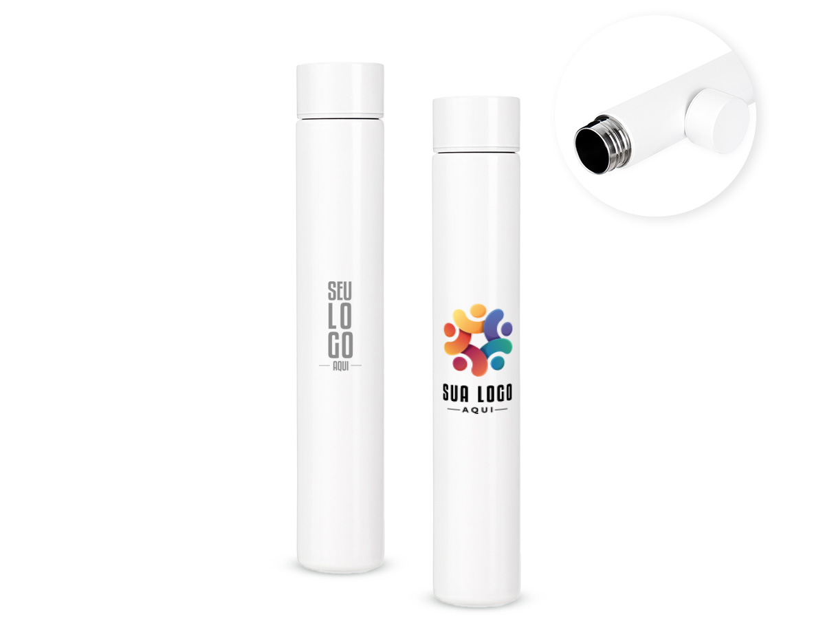 Garrafa em inox 304 com capacidade de até 250ml, compacta e resistente à corrosão. Possui tampa rosqueável que garante vedação segura e praticidade no uso. Ideal para bebidas quentes ou frias, é um brinde corporativo durável, funcional e perfeito para o dia a dia ou ações promocionais.
