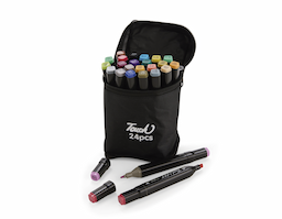 Kit com 24 canetas marcadoras feitas em plástico com pontas duplas: uma fina e outra chanfrada grossa. Acompanham bolsa com alça e fechamento em zíper para transporte.