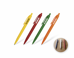 Caneta confeccionada inteiramente em plástico, com acionamento por clique e carga esferográfica azul 1.0mm. Oferece escrita suave e contínua, com design leve e funcional. Brinde corporativo prático, ideal para ações promocionais, eventos e uso diário.